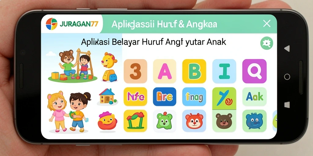Antarmuka aplikasi JURAGAN77 penuh warna dan interaktif untuk belajar huruf dan angka.
