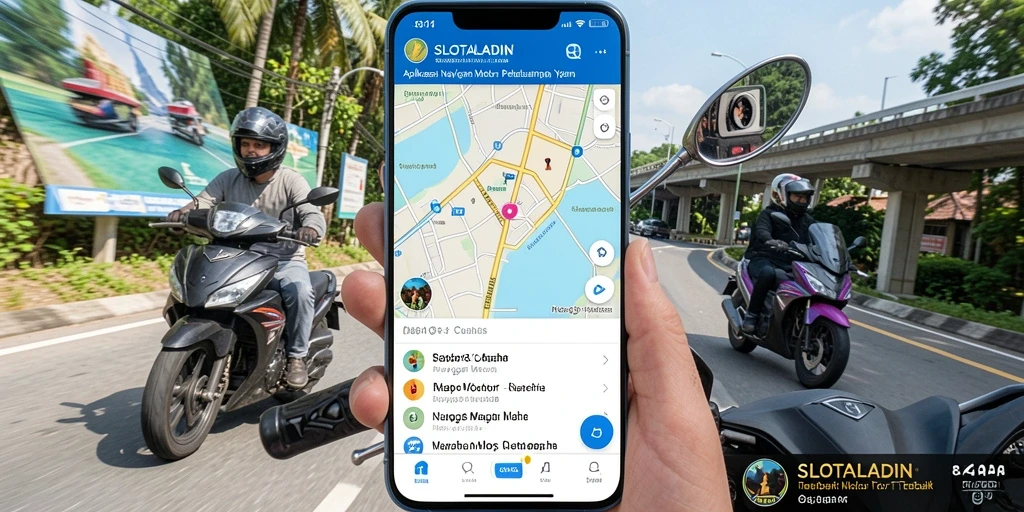 Tampilan utama SLOTALADIN menampilkan rute navigasi motor yang jelas dan informatif.